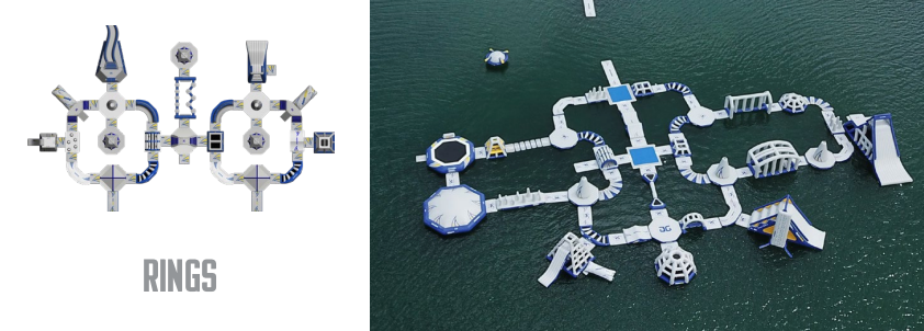Floating water park with slides, obstacles, and paths, shown in aerial view and illustration.