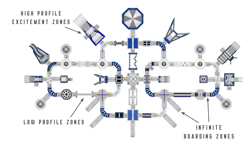 Stylized amusement park map with labeled zones and attractions.