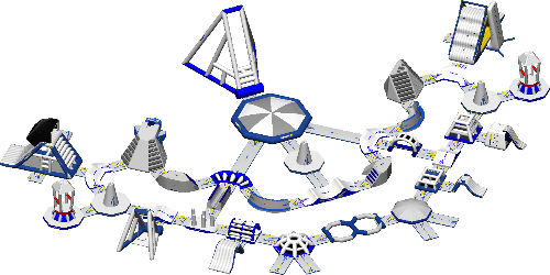 Illustration of a large inflatable water park with interconnected obstacles including slides, climbing walls, balance beams, bridges, swings, and activity platforms in blue, white, and gray. The layout is winding and features multiple entry points and challenge zones.