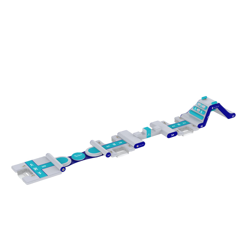 Angled view of Short Track inflatable obstacle course with connected ramps and platforms.