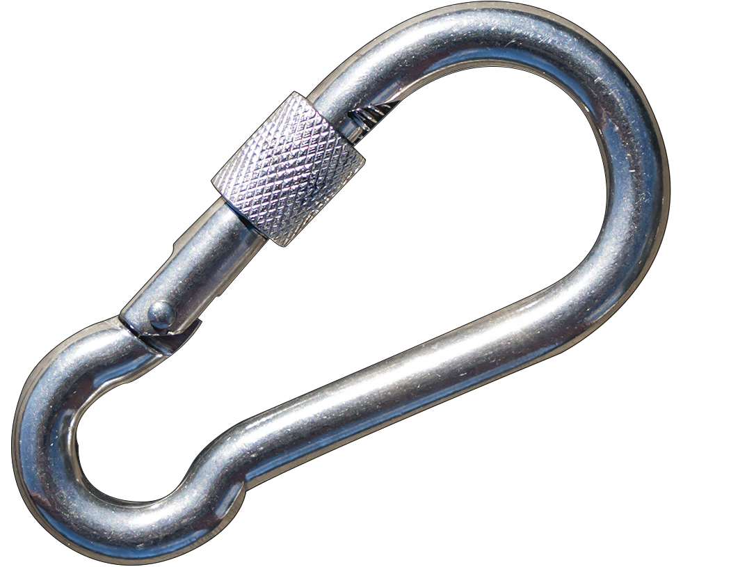 Snap Hook shines silver with a locking mechanism against dark shadows.