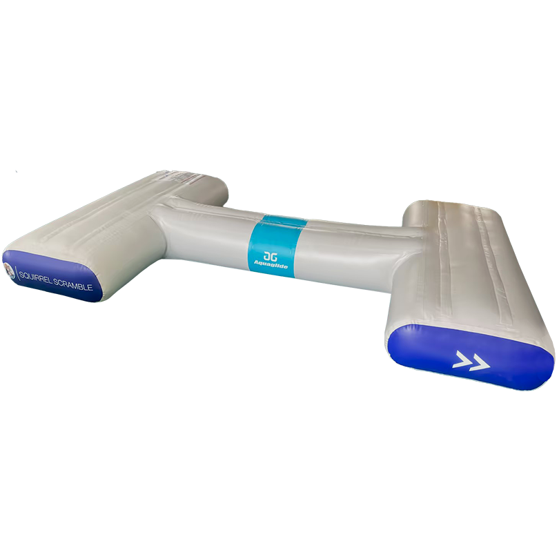 Squirrel Scramble inflatable water obstacle with blue ends and teal center on white base.