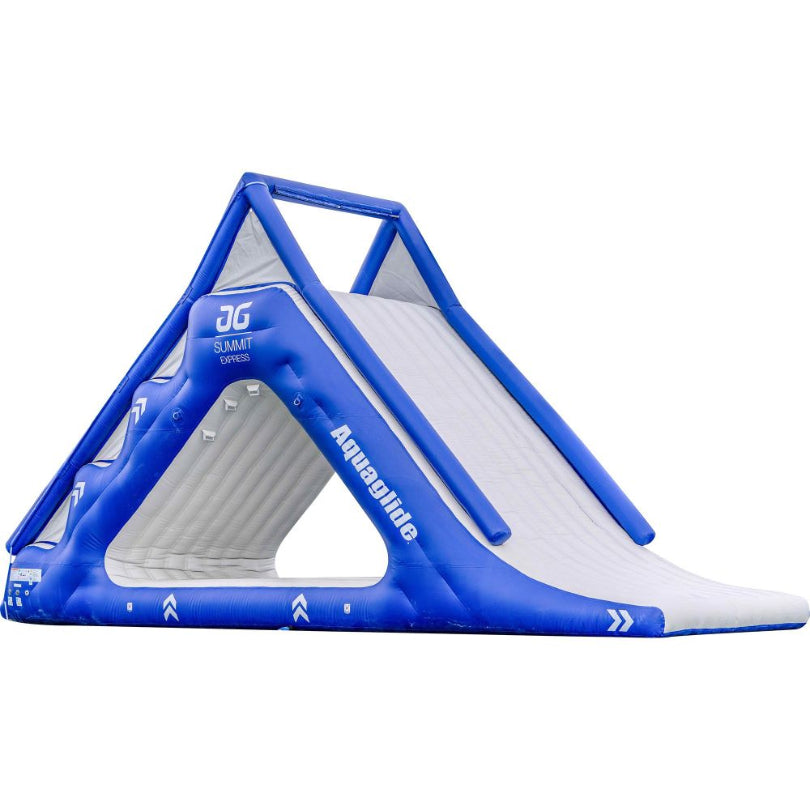The Summit Express TR is a blue inflatable slide with a white slope and climbing wall.