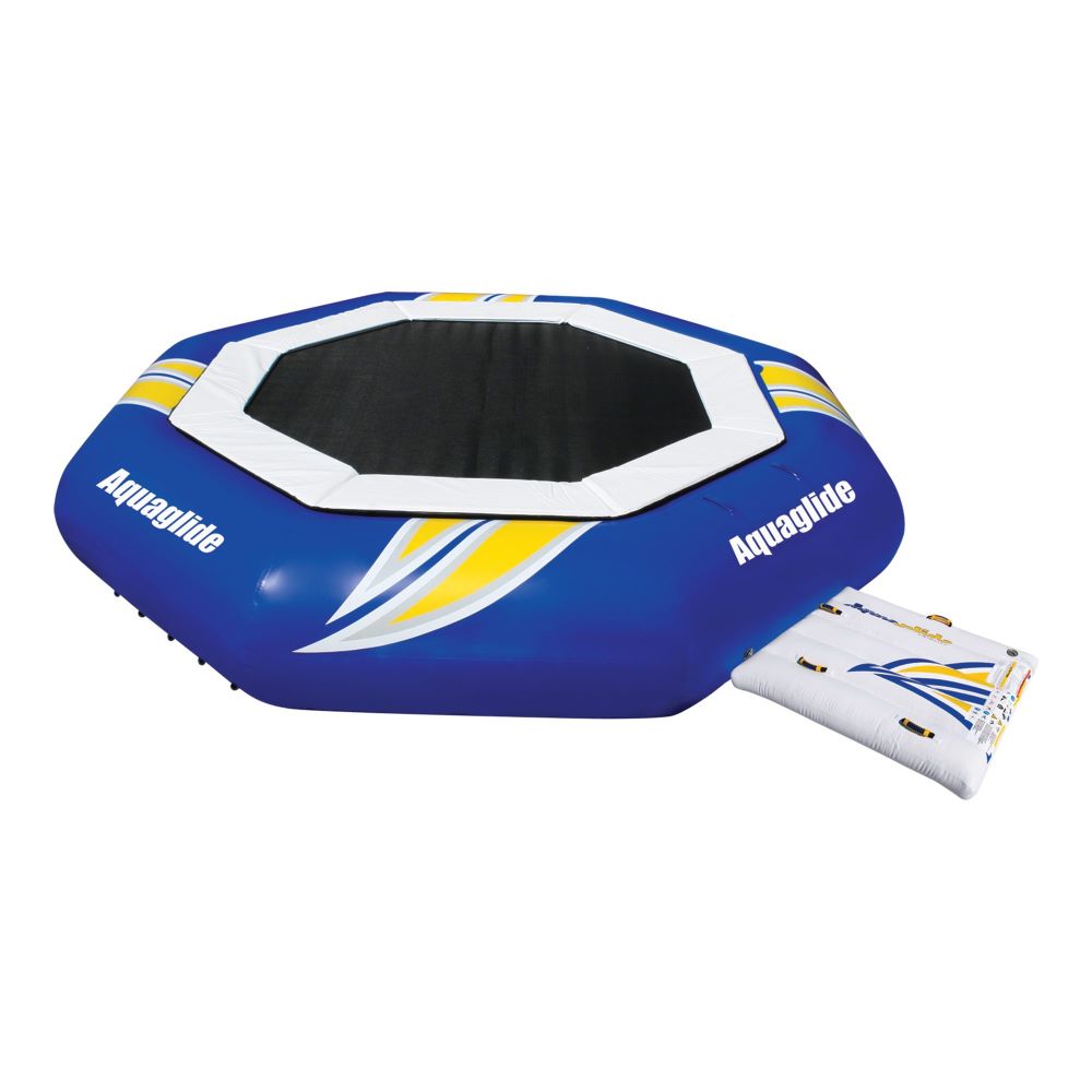 Blue inflatable Supertramp 17 with yellow pattern &amp; slide, includes Swimstep.