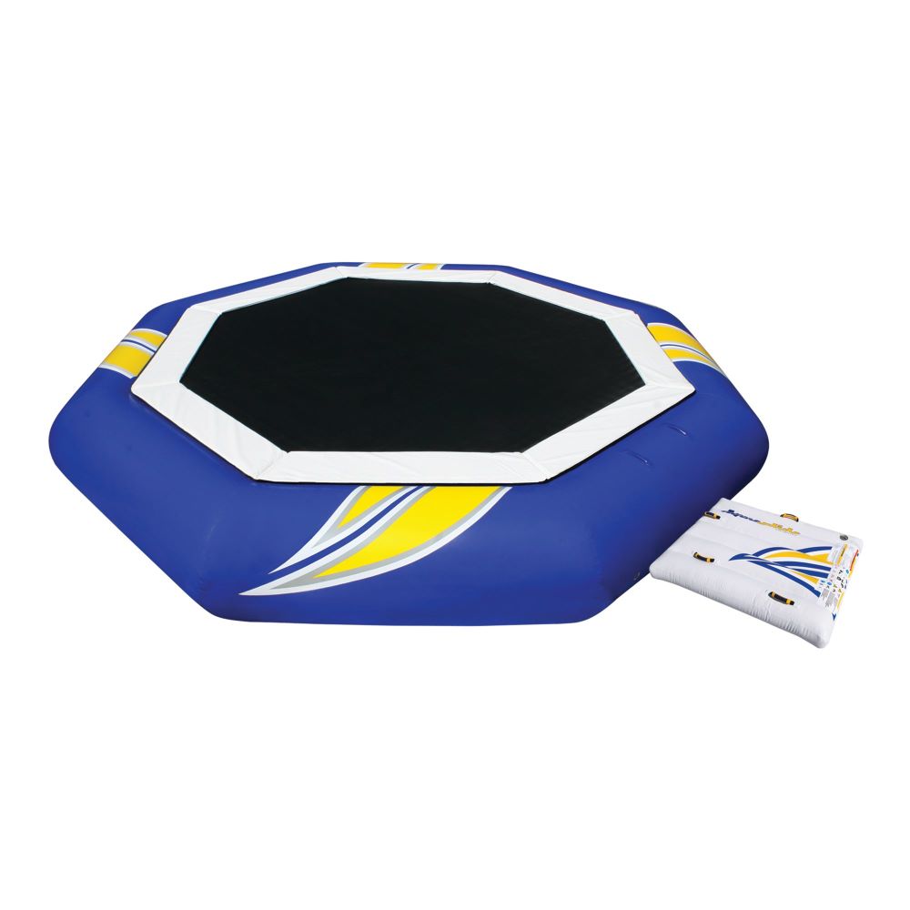 Supertramp 23: Blue &amp; yellow inflatable water trampoline with a side ladder.