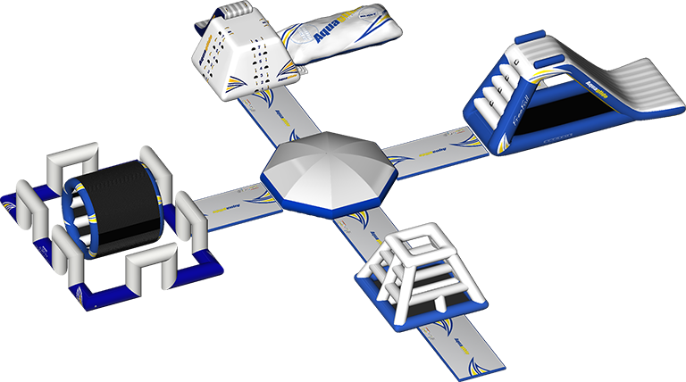 Inflatable aquatic playground with slides and climbing structures, blue and white color.