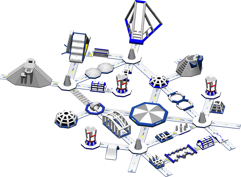 Futuristic space station with interconnected domes and structures.