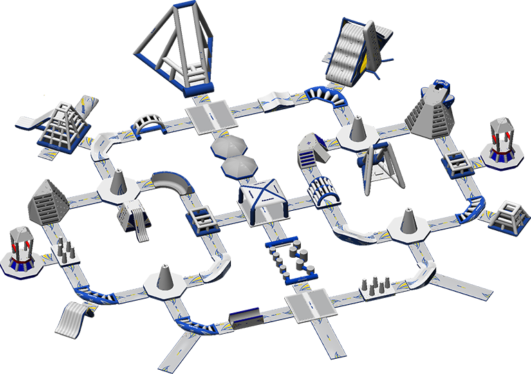 Illustration of a complex network with various geometric structures connected by pathways.