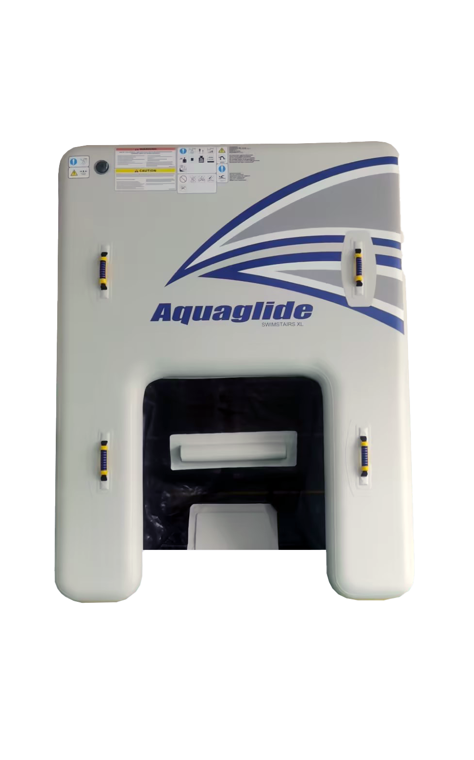 Swimstairs XL inflatable platform with logo, handles, and easy access connections.