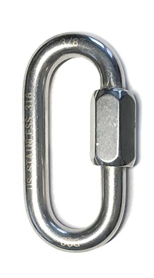 Metal quick link with a threaded connector, marked with specifications and U.S. Stainless.