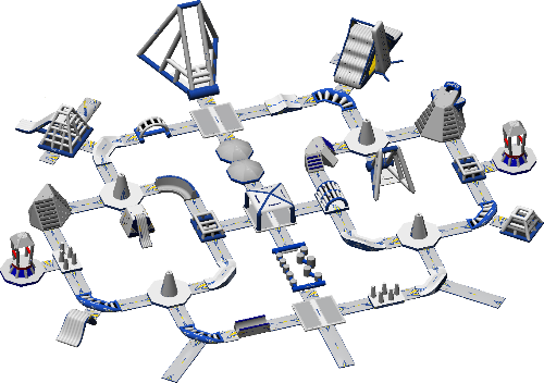 Diagram of a large, inflatable water obstacle course in a ring-shaped layout. Features include multiple climbing walls, slides, balance beams, floating domes, tunnels, and play structures in white, blue, and gray. The interconnected elements create loops and pathways for active water play.