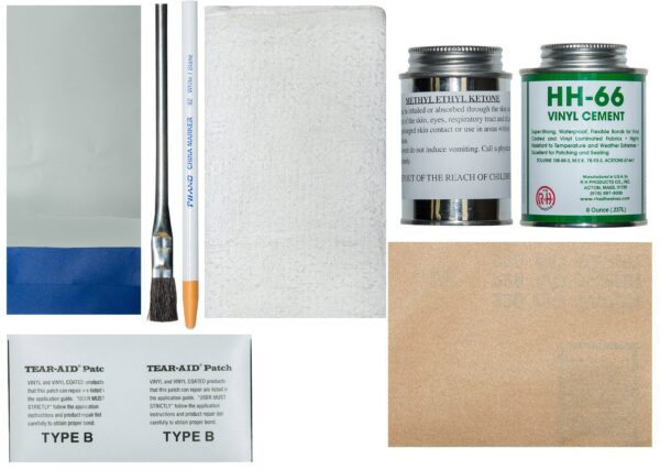 Studio image of repair kit contents including patch material, chemicals, sandpaper, and brushes
