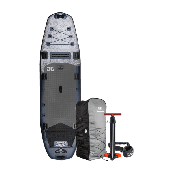 Blackfoot SUP studio image shown with included carry bag, hang pump, and leash