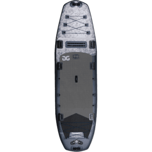The blackfoot SUP as shown from above. The blackfoot is a wide paddleboard with gray and navy pixel graphics