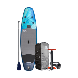 Studio image of cascade 10 package - blue paddleboard, black paddle, storage carry bag, hand pump, and leash