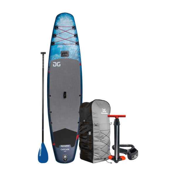 Studio image of cascade 11 package - blue paddleboard, blue paddle, storage carry bag, hand pump, and leash