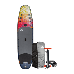 Kush SUP studio image shown with included carry bag, hang pump, and leash