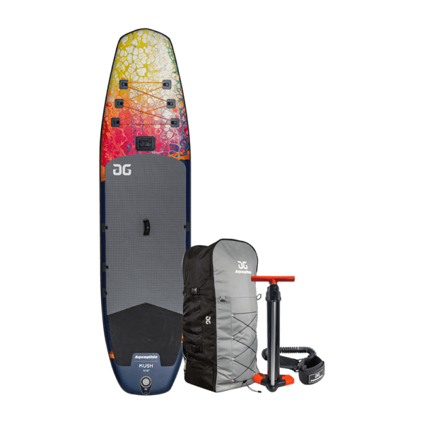 Kush SUP studio image shown with included carry bag, hang pump, and leash