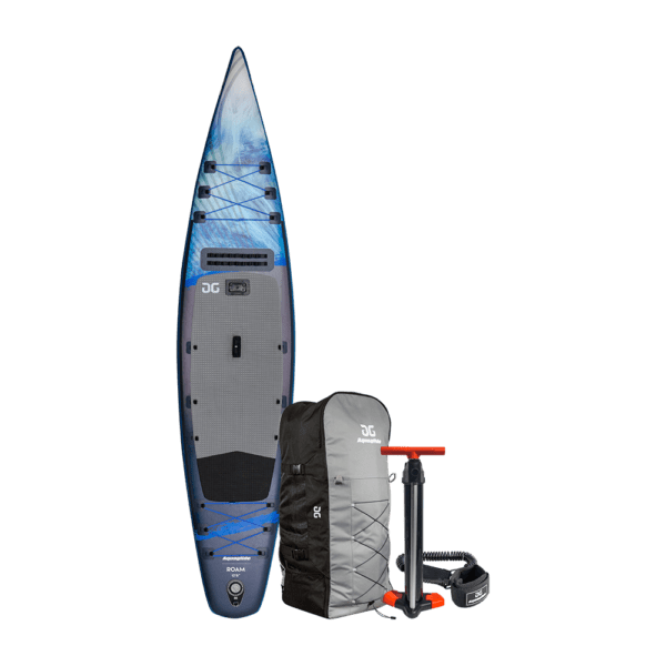 Roam SUP studio image shown with included carry bag, hang pump, and leash
