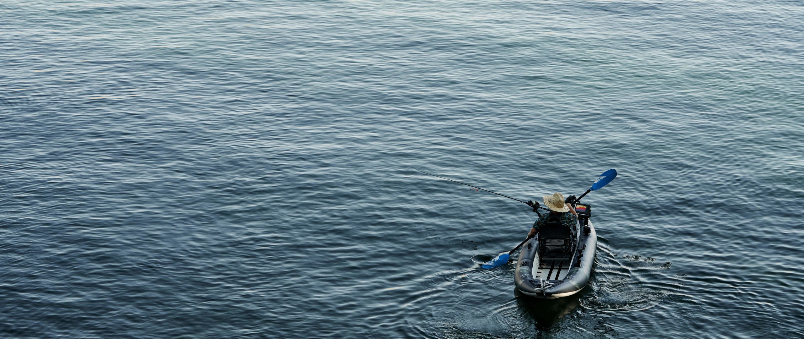 A blackfoot kayak is seen above while paddled along calm, blue water.